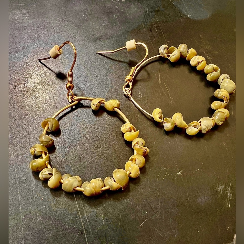 Gold Green Shell Beaded Handmade Hoop Earrings bohemian beach